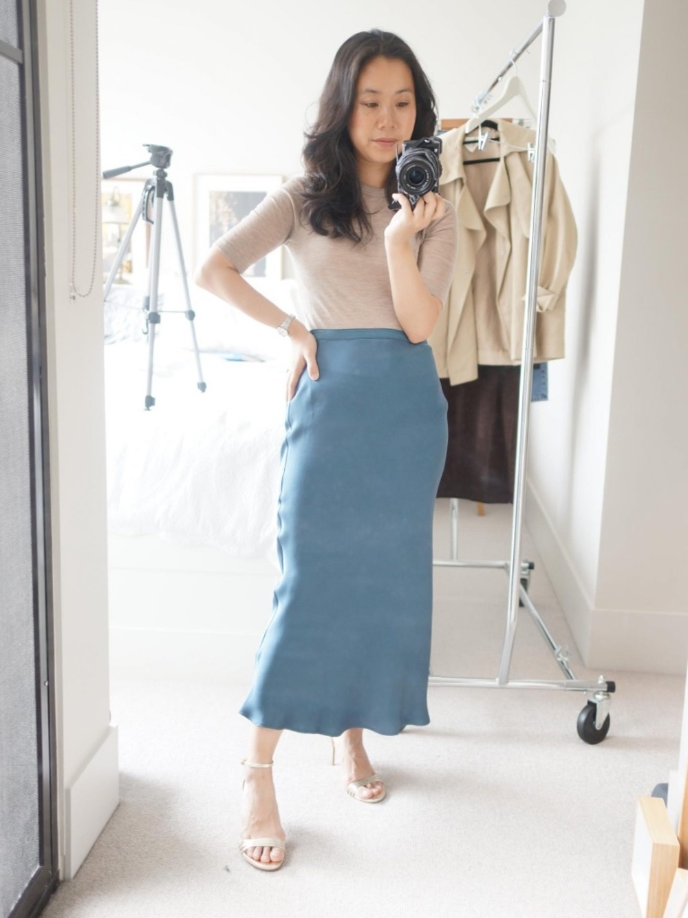 Anine Bing Bar Silk Midi Skirt in Blue, S